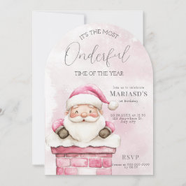 Invitation aquarelle rose Noël Père Noël 1er anniversaire