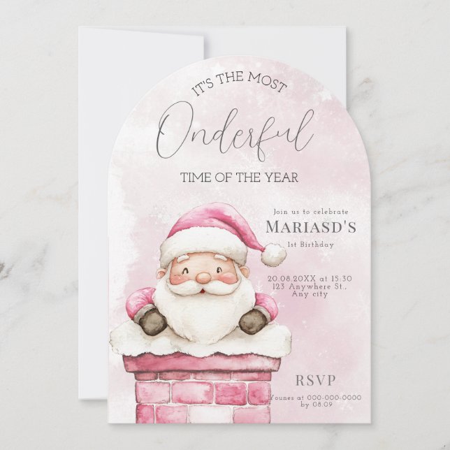 Invitation aquarelle rose Noël Père Noël 1er anniversaire (Devant)