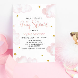 Invitation Aquarelle rose Nuages bébé fille Douche