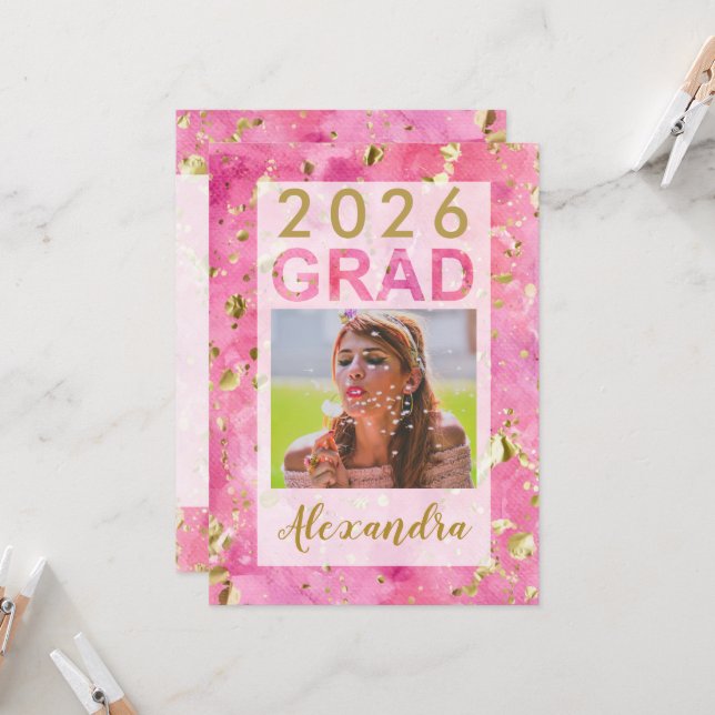 Invitation Aquarelle rose or Art 2025 Photo Graduation Inv (Devant/Arrière en situation)