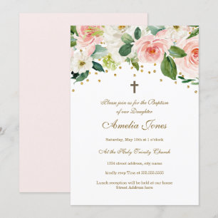 Invitation Aquarelle rose or Baptême floral
