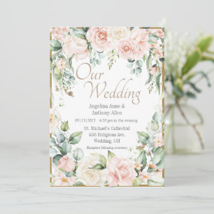 Invitation Aquarelle rose or bleu Mariage floral romantique