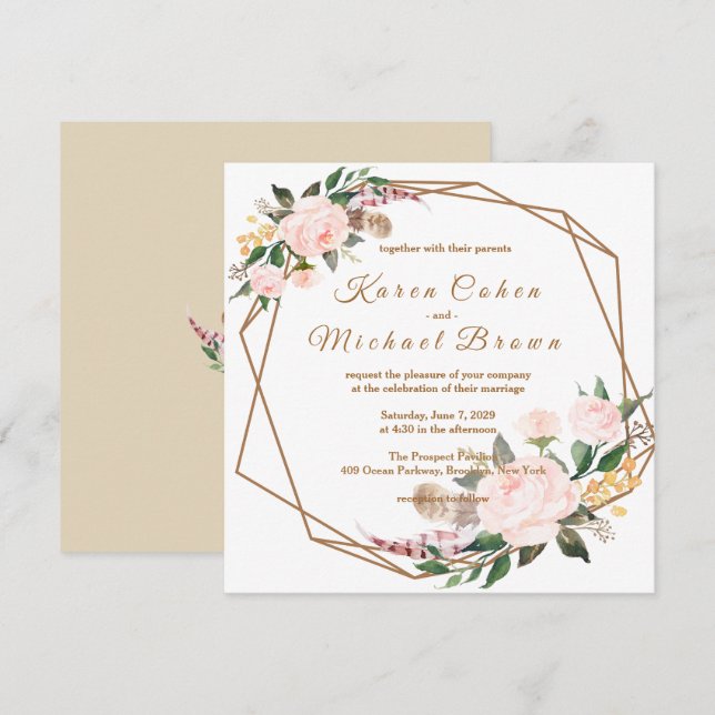 Invitation Aquarelle rose & or Boho Chic Floral Mariage (Devant / Derrière)