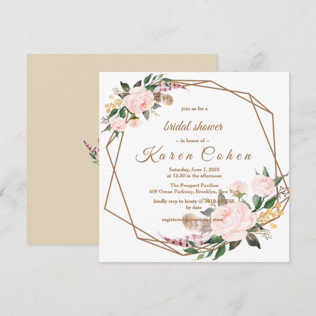 Invitation Aquarelle rose or Boho Fête des mariées florale (Devant / Derrière)