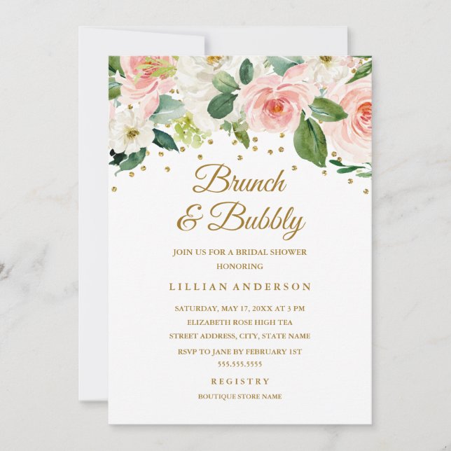Invitation Aquarelle Rose Or Brunch Floral Et Bubbly (Devant)