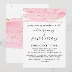 Invitation Aquarelle Rose & Or Christening & 1er Anniversaire