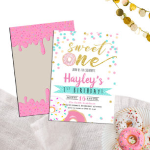 Invitation Aquarelle rose or Donut Sweet un 1er anniversaire