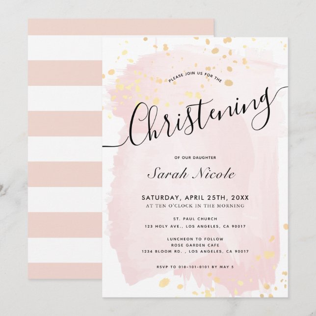 Invitation Aquarelle rose or éclaboussures fille Christening (Devant / Derrière)