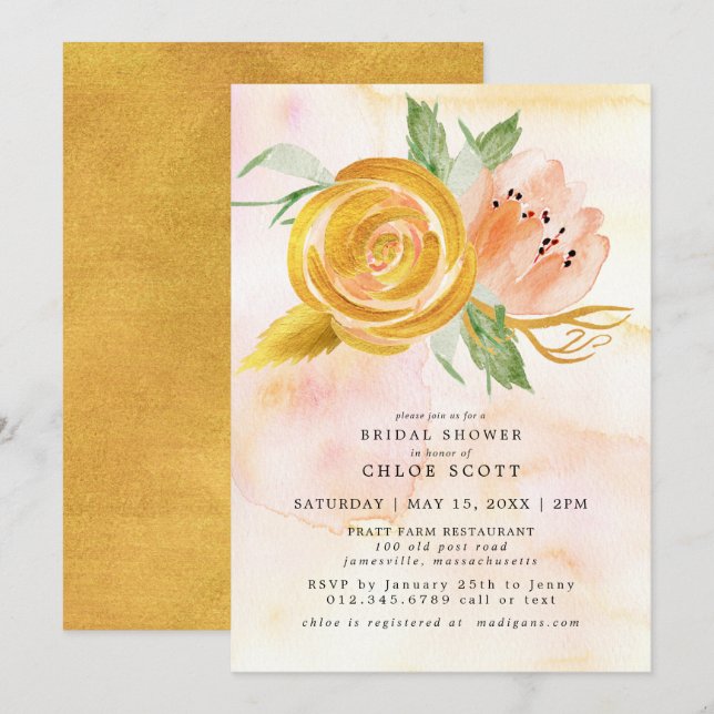 Invitation Aquarelle rose or Fête des mariées florale (Devant / Derrière)