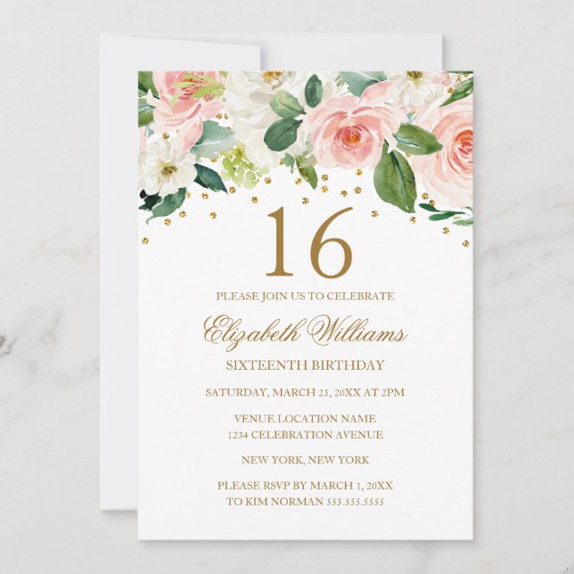 Invitation Aquarelle rose or Floral 16e anniversaire (Devant)