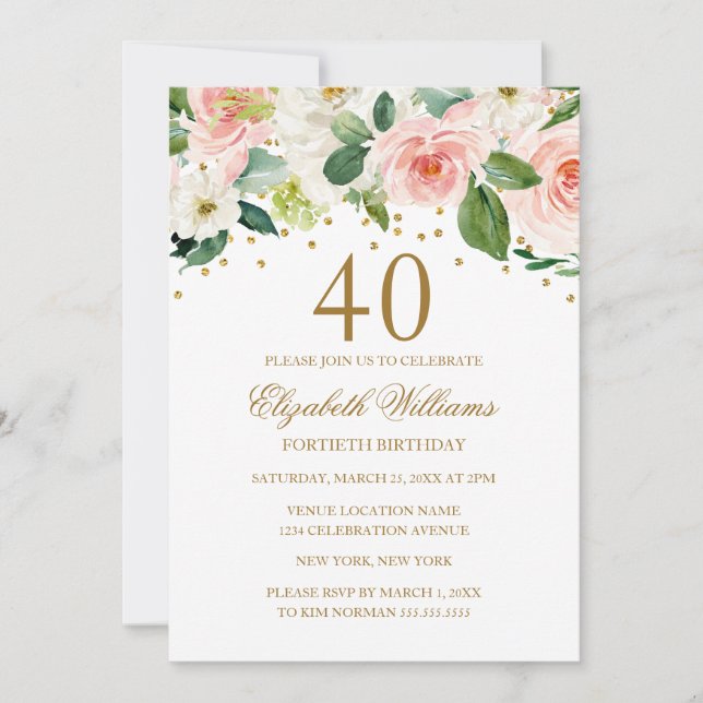 Invitation Aquarelle rose or Floral 40e anniversaire (Devant)