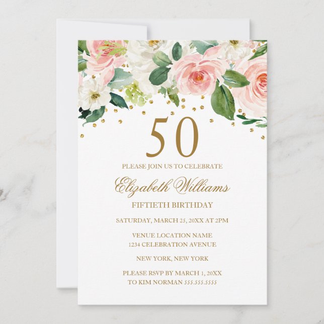 Invitation Aquarelle rose or Floral 50e anniversaire (Devant)