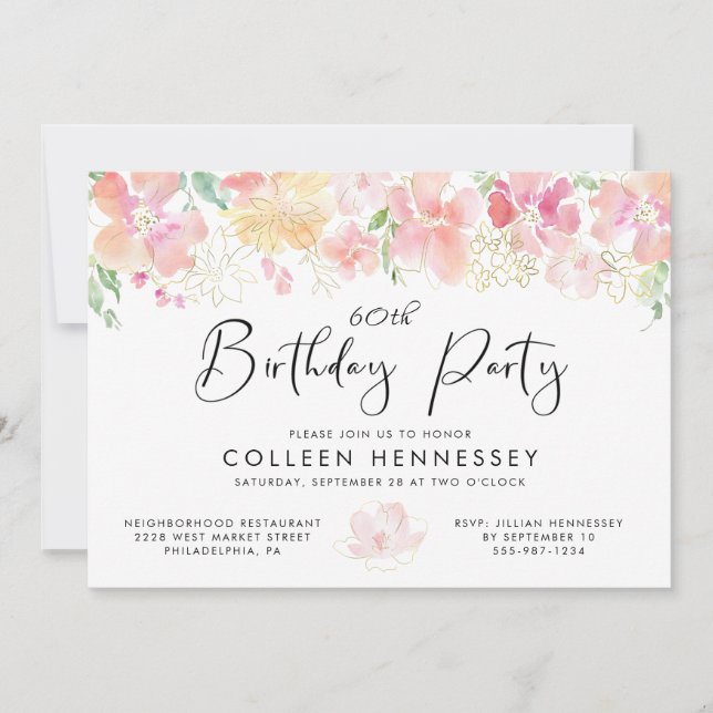 Invitation Aquarelle rose or Floral 60e anniversaire (Devant)