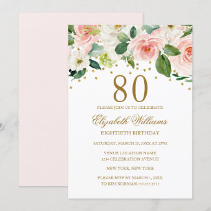 Invitation Aquarelle rose or Floral 80e anniversaire