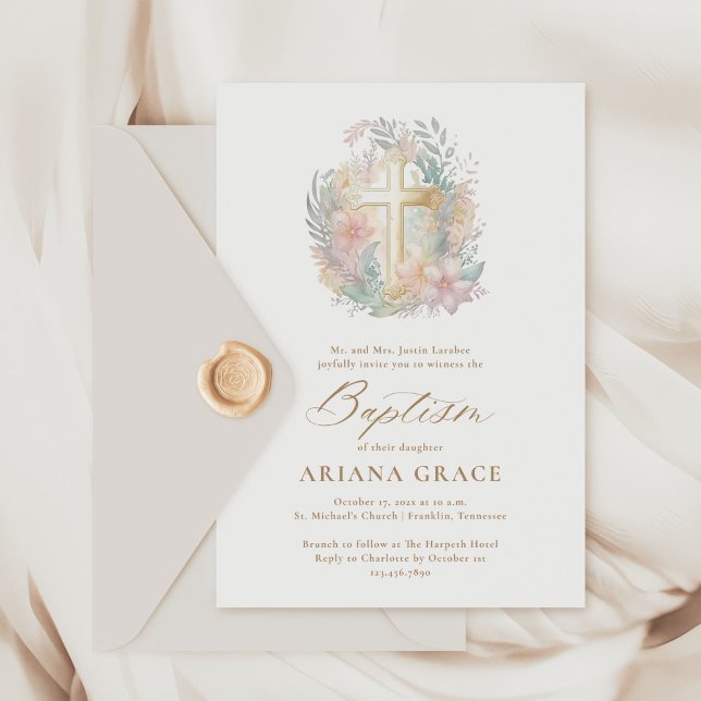 Invitation Aquarelle rose or floral élégant Croix Baptême (Créateur téléchargé)
