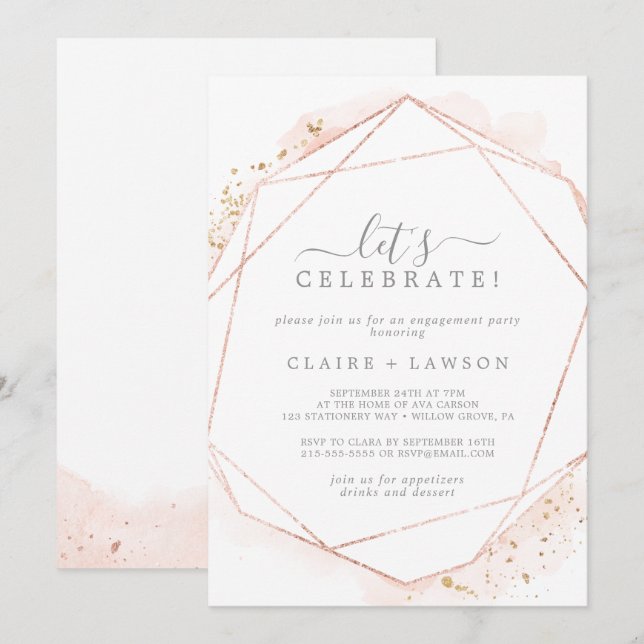 Invitation Aquarelle rose or Géométrique Fêtons (Devant / Derrière)