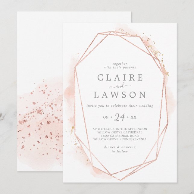 Invitation Aquarelle rose or Mariage Décontracté géométrique (Devant / Derrière)