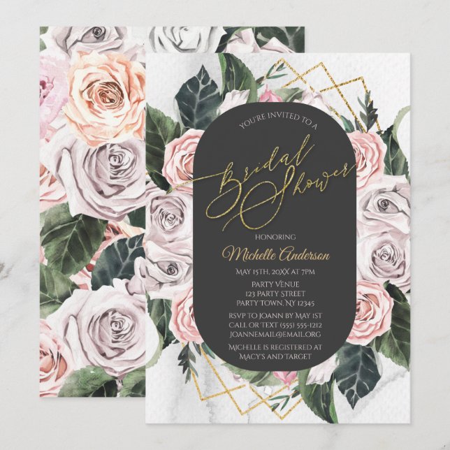 Invitation Aquarelle rose or Rose Fête des mariées (Devant / Derrière)