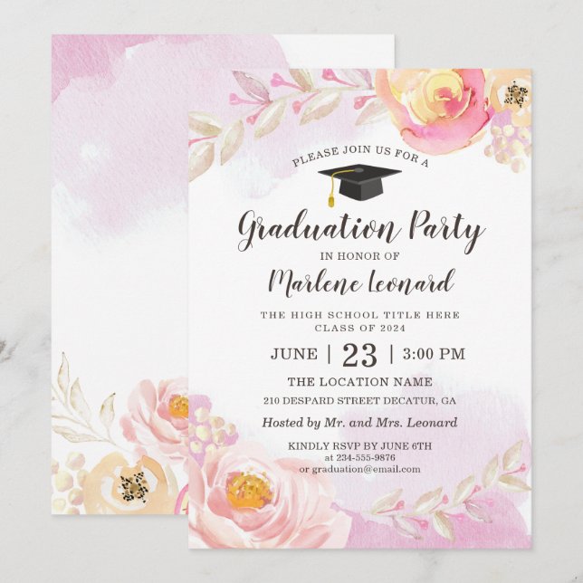 Invitation Aquarelle rose or Rose Jardin fête de graduation (Devant / Derrière)