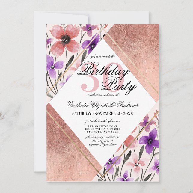 Invitation Aquarelle rose or rose violet couleur jaune (Devant)