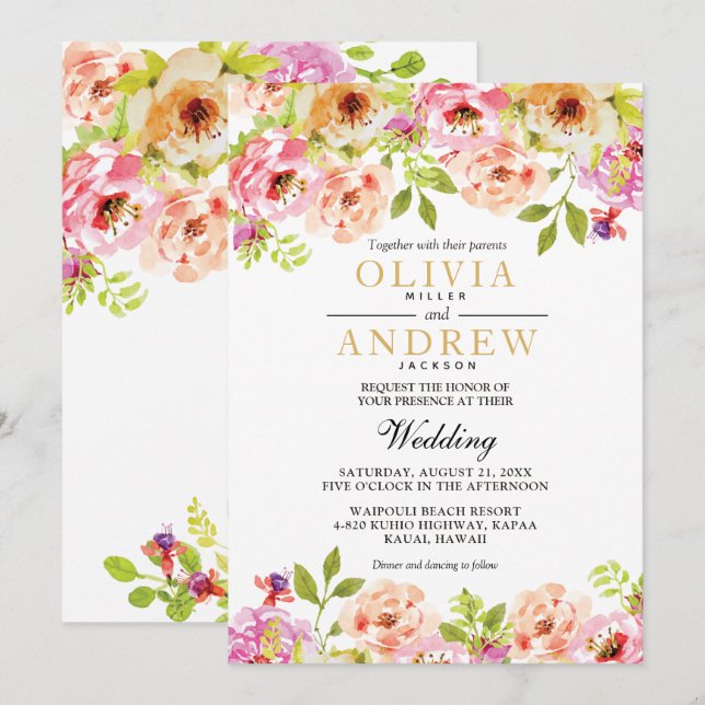 Invitation Aquarelle rose orange Fleurs de cadre | MARIAGE (Devant / Derrière)