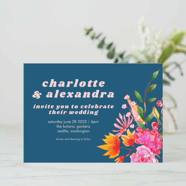 Invitation Aquarelle rose orange marine Fleurs Mariage Décont (Debout devant)
