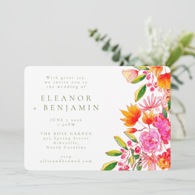 Invitation Aquarelle rose orange moderne Mariage floral (Debout devant)