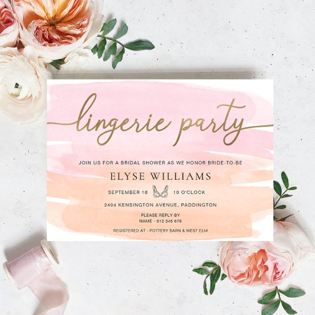 Invitation Aquarelle rose orange or Lingerie Party Douche (Lingerie Party Bridal Shower Invitation Pink Orange Watercolour Gold )