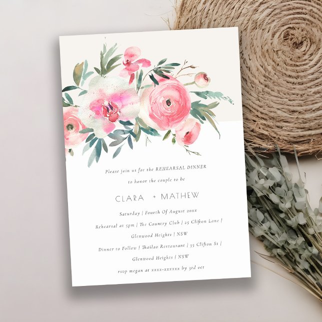 Invitation Aquarelle rose orchidée Flora Dîner de répétition (Créateur téléchargé)