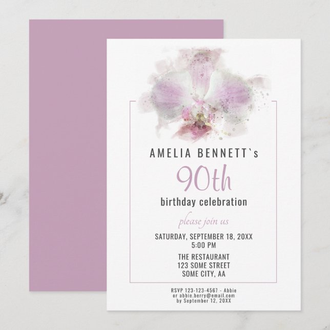 Invitation Aquarelle rose orchidée Floral 90e fête d'annivers (Devant / Derrière)