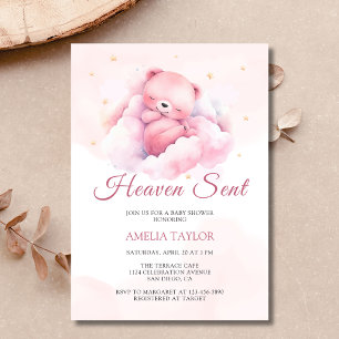 Invitation Aquarelle rose Ours Ciel envoyé Baby shower fille
