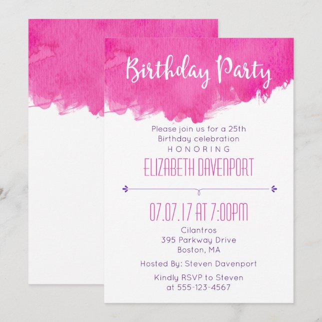 Invitation Aquarelle rose Paint Splatter Anniversaire Invitat (Devant / Derrière)