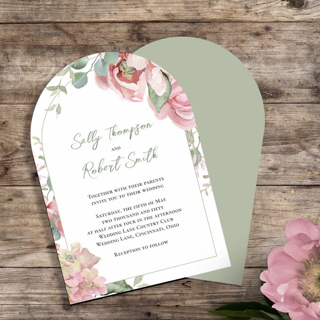 Invitation Aquarelle rose pâle Arc Mariage floral (Pink floral wedding arch invitations with stylish calligraphy script. )