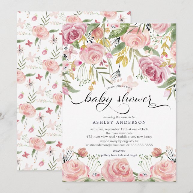 Invitation Aquarelle rose pâle Baby shower Floral (Devant / Derrière)