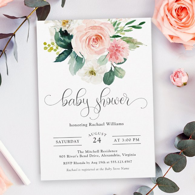 Invitation Aquarelle rose pâle Baby shower Floral (Créateur téléchargé)