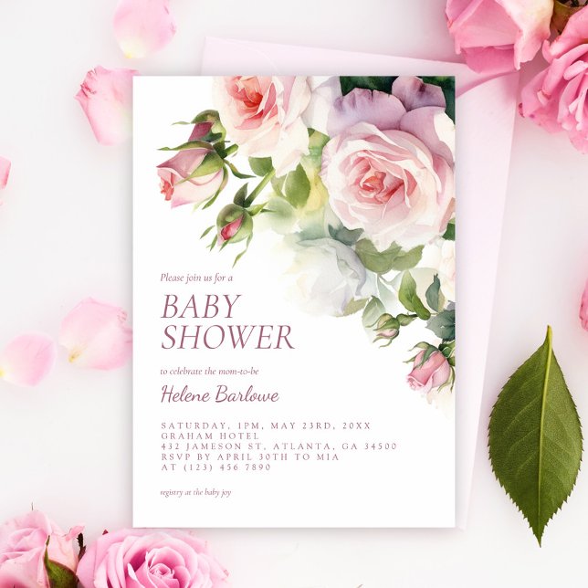 Invitation Aquarelle rose pâle Baby shower Floral (Blush Pink Watercolor Floral Baby Shower Invitation)