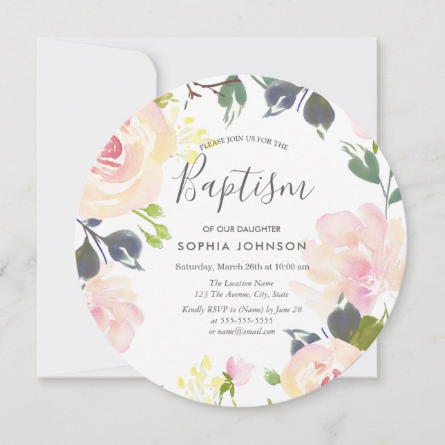 Invitation Aquarelle rose pâle Baptême floral Christening (Devant)