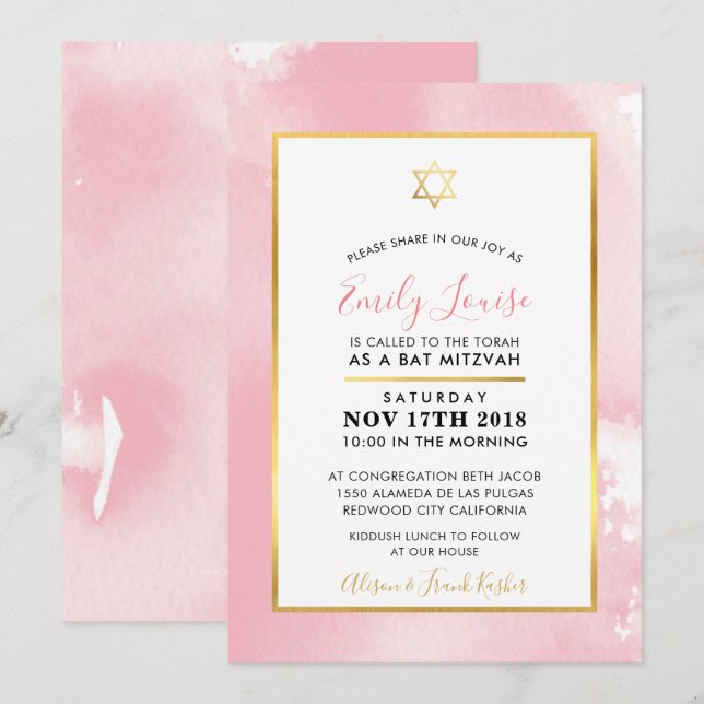 Invitation Aquarelle rose pâle bat mitzvah étoile or invitati (Devant / Derrière)