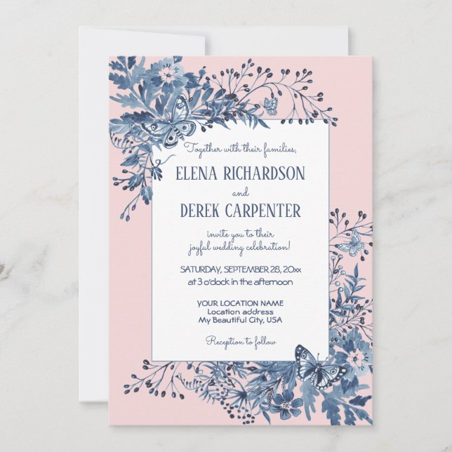 Invitation Aquarelle rose pâle, bleu blanc Mariage Floral (Devant)