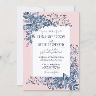 Invitation Aquarelle rose pâle, bleu blanc Mariage Floral
