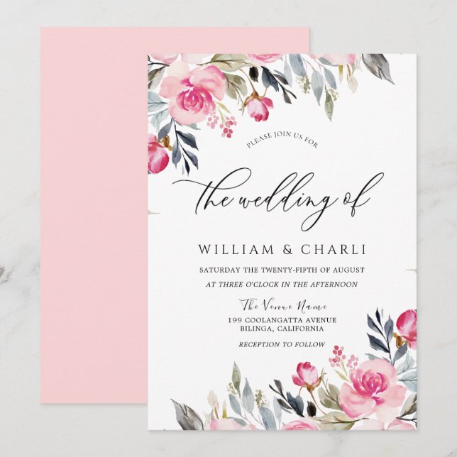 Invitation Aquarelle rose pâle Divine Mariage Floral (Devant / Derrière)