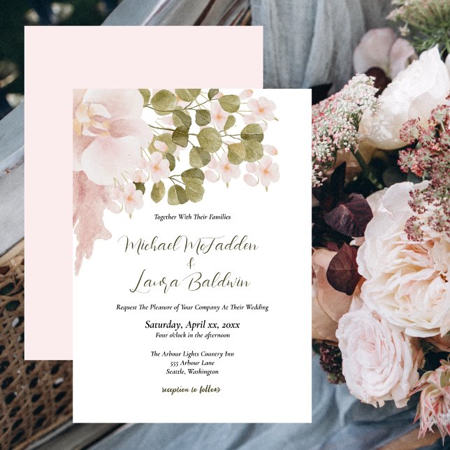 Invitation Aquarelle rose pâle Élégante Mariage floral (Blush Pink and Green, Elegant Boho Style Wedding Invitation)