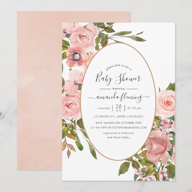 Invitation Aquarelle rose pâle et Baby shower or Rose (Devant / Derrière)