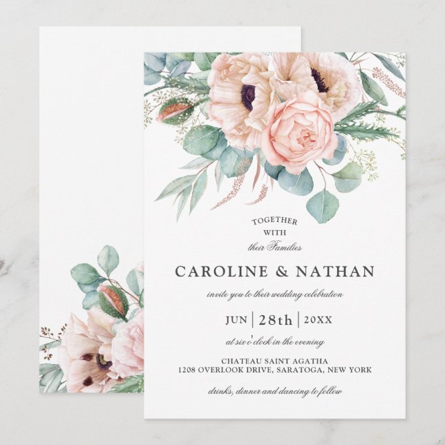 Invitation Aquarelle rose pâle et beige Mariage Floral (Devant / Derrière)