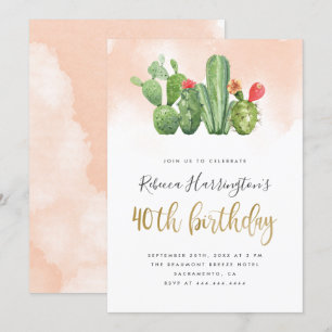 Invitation Aquarelle rose pâle et cactus 40e anniversaire