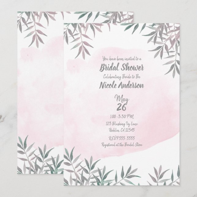 Invitation Aquarelle rose pâle Fête des mariées botanique chi (Devant / Derrière)