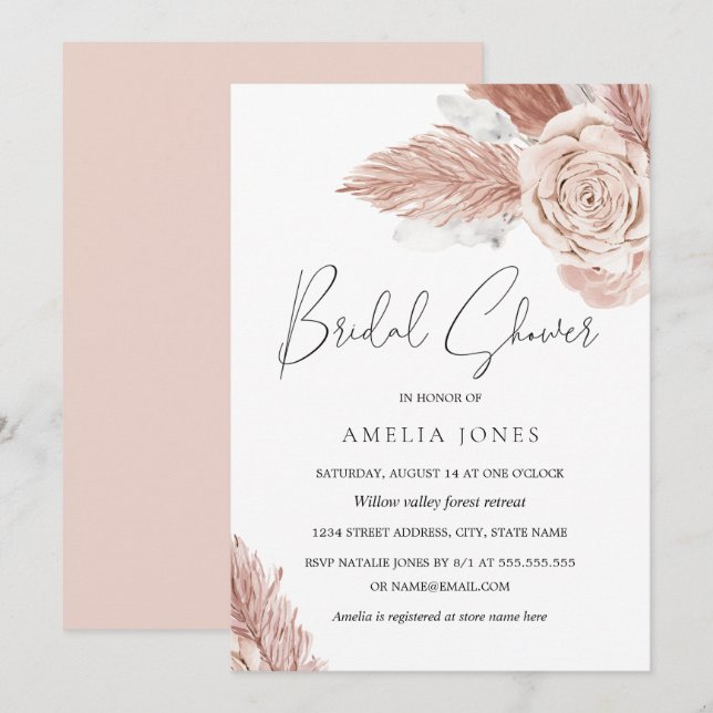 Invitation Aquarelle rose pâle Fête des mariées Fleurs Boho (Devant / Derrière)