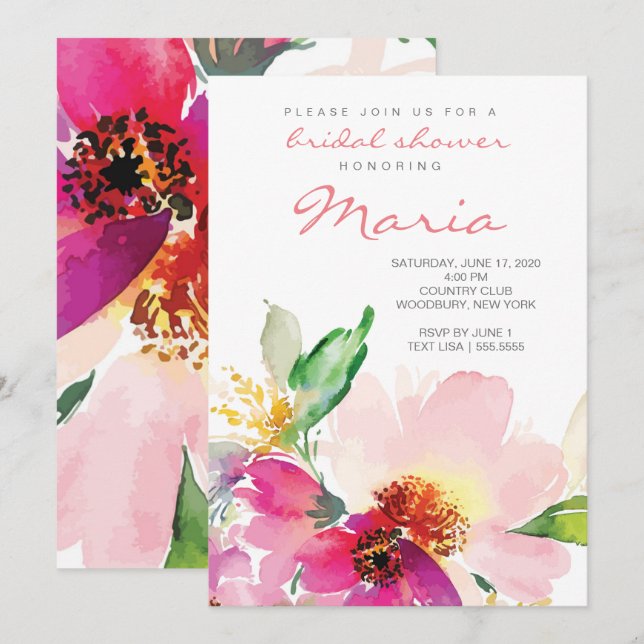 Invitation Aquarelle rose pâle Fête des mariées florale (Devant / Derrière)
