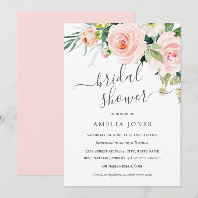 Invitation Aquarelle rose pâle Fête des mariées florale (Devant / Derrière)