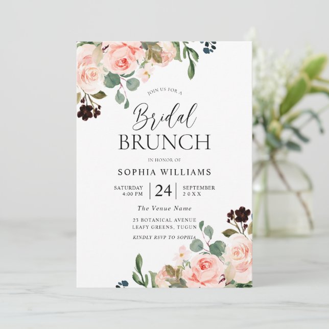 Invitation Aquarelle rose pâle Fête des mariées florale Brunc (Debout devant)